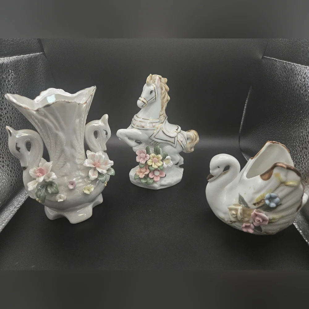 Porcelain Swan and Horse Figurines with Floral Accents Vintage